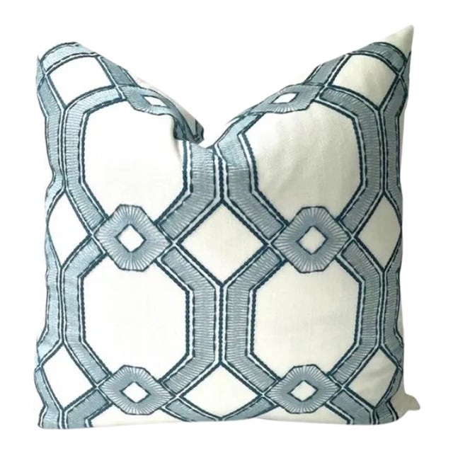 Chinoiserie Textured Embroidery Delft Blue Pillow Cover For Sale