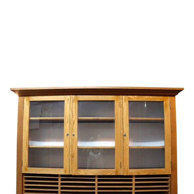 American Antique Oversized 2 Piece Oak Country Store Cabinet With Carved Pulls 20thC For Sale - Image 3 of 9
