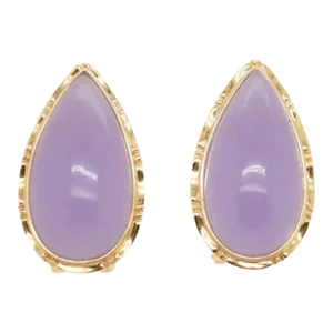 Vintage 14k Gold and Lavender Jade Teardrop Cabochon Earrings - 2 Pieces
