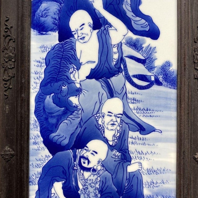 Monumental Set of 4 Antique Chinese Rosewood & Blue-and-White Porcelain Plaques Featuring the 18 Arhats For Sale - Image 4 of 10