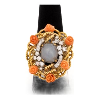 18k Rose Gold Star Sapphire Coral Diamond Ring For Sale