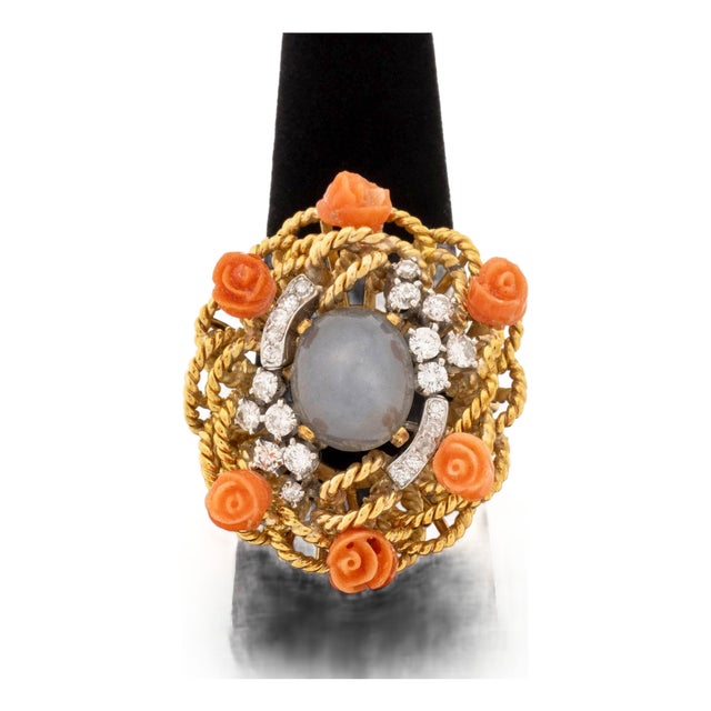 18k Rose Gold Star Sapphire Coral Diamond Ring For Sale