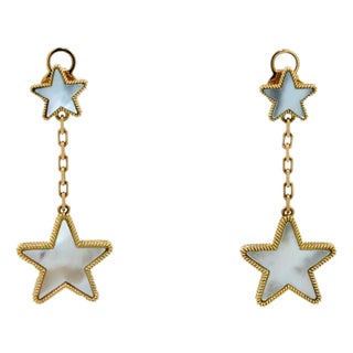 Silvery White Pearl Star Galaxy Celestial Constellation Zodiac 18k Gold Earrings, A Pair For Sale