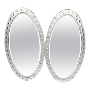Pair Jonathan Adler Venetian Style Optic Convex Etched and Beveled Oval Mirrors*
