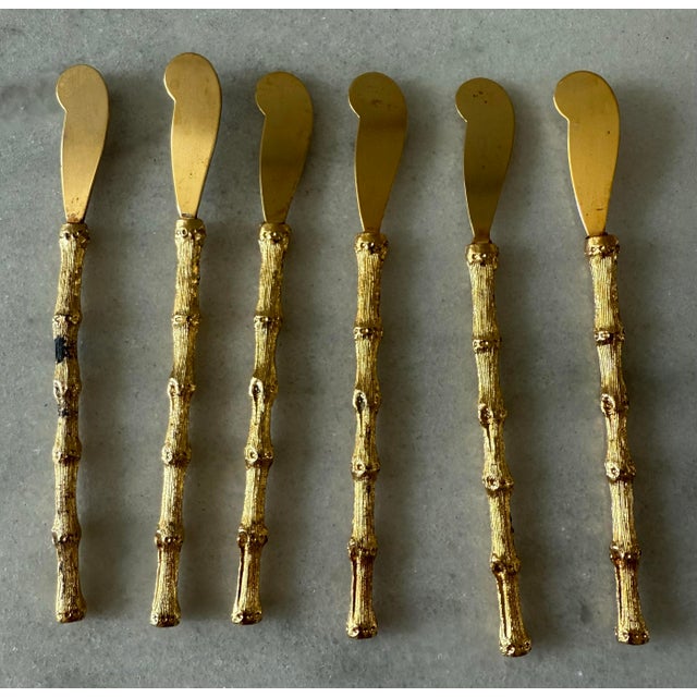 Set of 6 vintage brushed satin gold plated cocktail or hors d'oeuvres knives with bamboo design handles. Come in original...