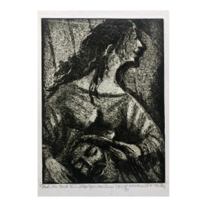 Shulamith Wittenberg Miller"She Made Him Sleep on her Knees" Etching Israeli Judaica Bezalel School Woman, 1964