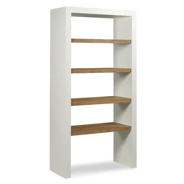 Sturdy bookshelf with ends and top finished in textured gesso that support four oak Breadboard finished shelves. (Center...