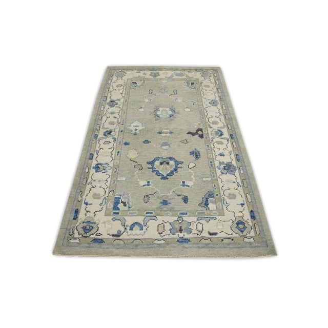 Early 21st Century Early 21st Century Green & Blue Floral Design Handwoven Wool Turkish Oushak Rug 3'10" X 6'1" For Sale - Image 5 of 7