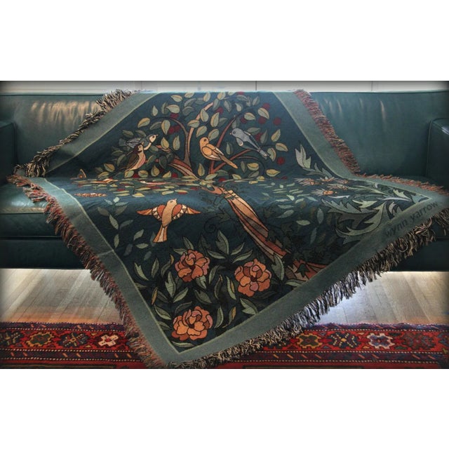 Arts and Crafts Style "Tree of Birds" in Teal Jacquard Woven Throw Blanket For Sale - Image 6 of 11
