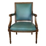 Vintage Hancock & Moore French Louis XVI Teal Blue Leather Arm Chair Fauteuil For Sale