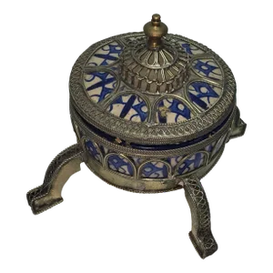 Antique Moroccan Fez Blue & White Porcelain Round Lidded Box Wrapped in Silver-Wire Filigree