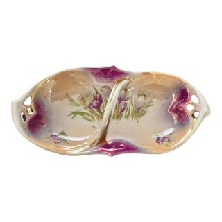 Antique Celery Dish With Handle by Ipf Germany Porcelain – Lusterware Floral Candy Nut Dish – Purple & Gold , 8 1/4” For Sale