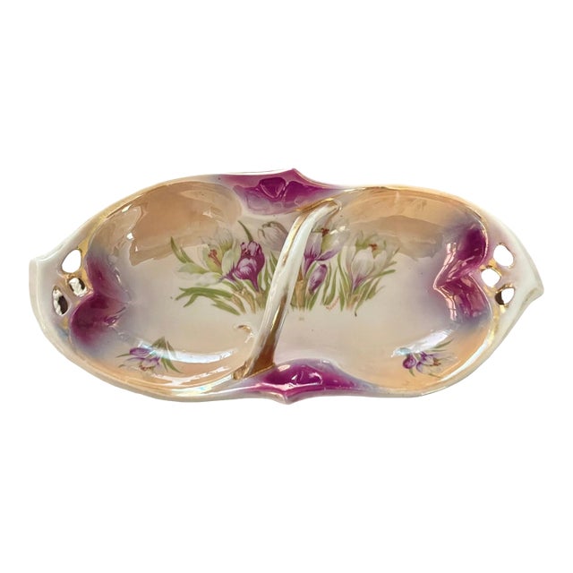Antique Celery Dish With Handle by Ipf Germany Porcelain – Lusterware Floral Candy Nut Dish – Purple & Gold , 8 1/4” For Sale