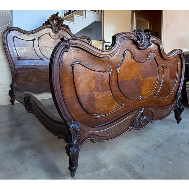 Louis XV Style French Solid Carved Walnut Queen Size Bed For Sale - Image 6 of 18