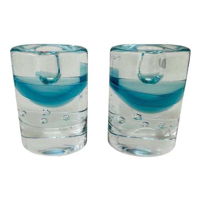 Vintage Iittala Arktia Glass Candle Holders Pair - Designed by Timo Sarpaneva - Finland 1980s Art Glass - Blue Core & Bubbles With Original Label For Sale