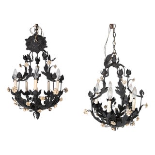 1950s Hollywood Regency Style Italian Black Metal Floral Chandeliers - a Pair For Sale