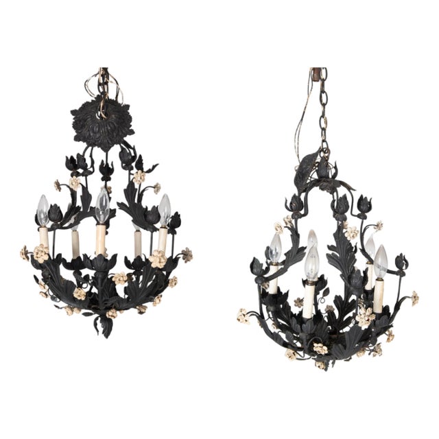 1950s Hollywood Regency Style Italian Black Metal Floral Chandeliers - a Pair For Sale