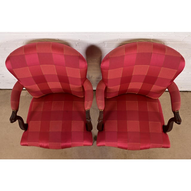 1980s Baker Furniture English Regency Carved Mahogany Upholstered Armchairs or Dining Captain Chairs, Pair For Sale - Image 5 of 13