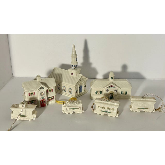 Lenox Holiday Village Porcelain Buildings and Train Cars, Seven-Piece Set For Sale - Image 10 of 12