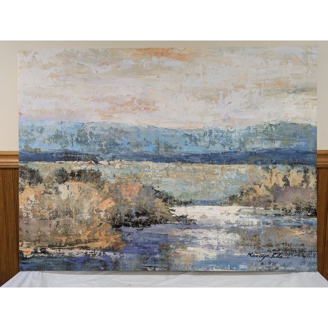 Title: Mountain Creek. Original Blue White Brown Gray Abstract Landscape Art on Gallery Wrap Canvas. Size: 30in x 40in