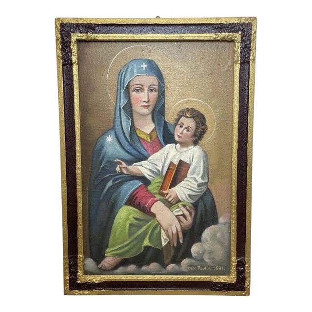 Large Religious Oil Painting the Icon of Madonna Del Popolo C1931 For Sale