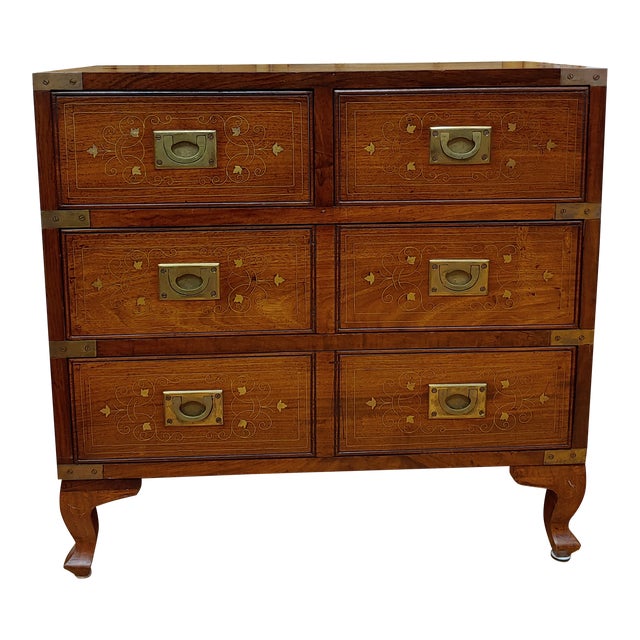 Vintage Campaign Thomasville Inlaid Brass 4 Drawer Footed Tea Chest