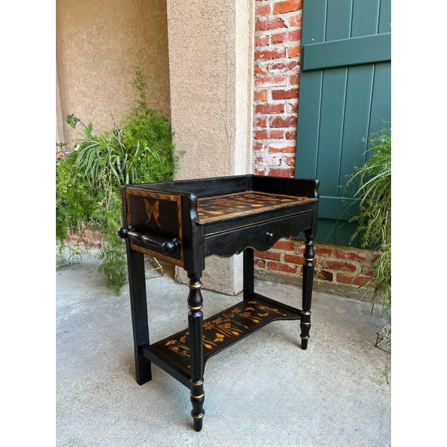 Antique English Sofa Side Table Decoupage Botanical Floral Black Gold C1890 For Sale - Image 16 of 18