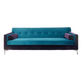 Custom Reimagined 88" Mid-Century Modern Style Two-Tone Teal Velvet and Dark Purple Mohair Sofa For Sale