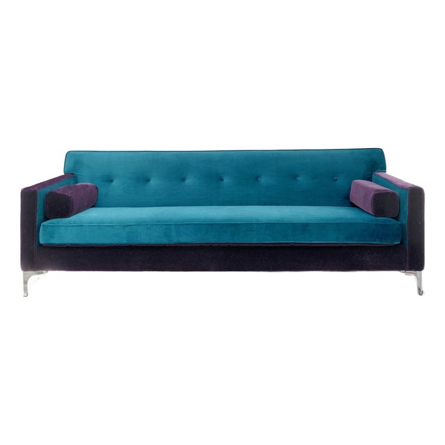 Custom Reimagined 88" Mid-Century Modern Style Two-Tone Teal Velvet and Dark Purple Mohair Sofa For Sale