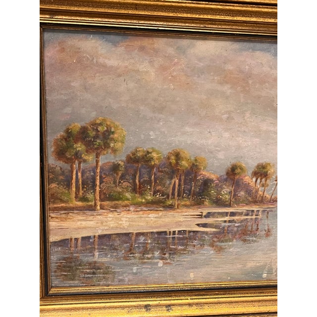 1920s 1929 Antique Old Florida Daytona Coastal Landscape Painting on Board, Original Gilt Frame For Sale - Image 5 of 8