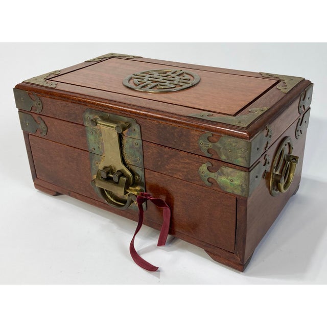 Mid 20th Century Vintage Asian Wood and Brass Jewelry Box With Bar Lock For Sale - Image 5 of 11