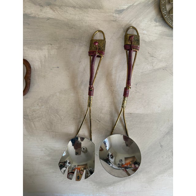 Burgundy Vintage Brass Salad Servers With Red Wire Wrapped Handles Boho Tableware For Sale - Image 8 of 9