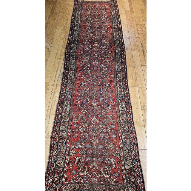 Red 19th Century Persian Farahan Wide Runner, Hand-Knotted Wool, Allover Herati Geometric Pattern, Red & Green, 4x14 For Sale - Image 8 of 16