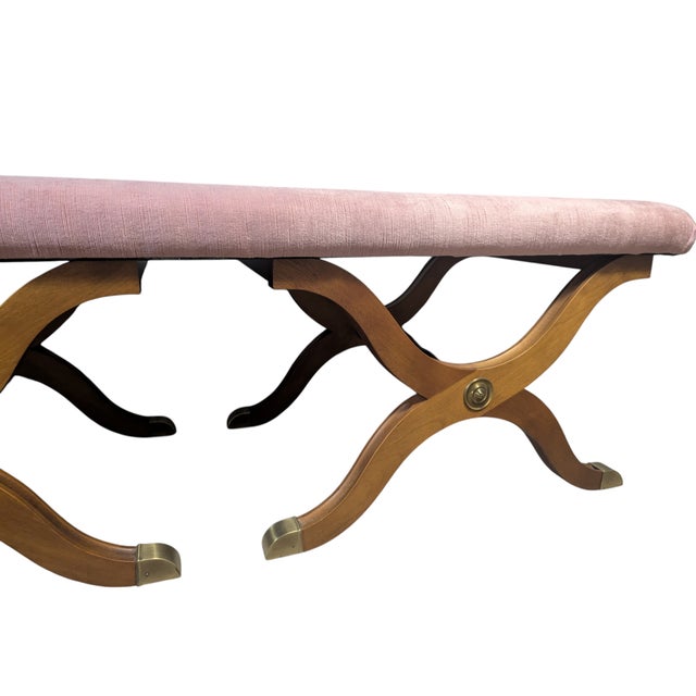 Pink Vintage Dorothy Draper Espana Pink Velvet Bench With Curule Legs For Sale - Image 8 of 15