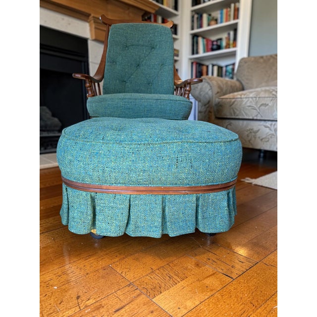 Heywood-Wakefield Danish Tufted Swivel Lounge Chair & Pleated Ottoman in Emerald Tweed 1960's For Sale - Image 13 of 16