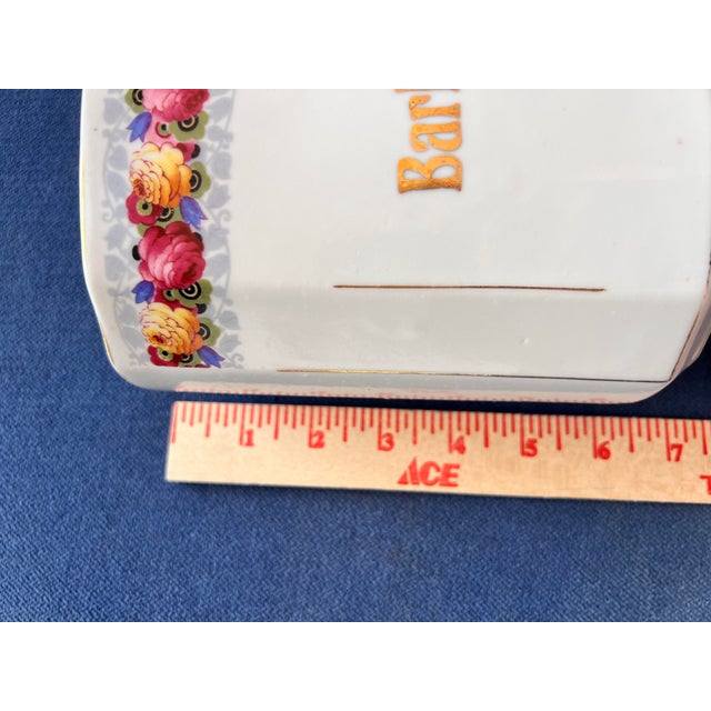 Metal 1930s Canister Set 2 Pc W/Lids Germany Floral Roses Coffee Barley White Gold For Sale - Image 7 of 8