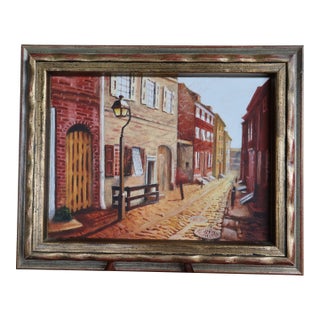 Vintage Roger Merkel Signed Cobblestone Street Oil Painting—Gilt Framed For Sale