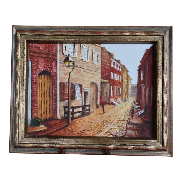 Vintage Roger Merkel Signed Cobblestone Street Oil Painting—Gilt Framed For Sale