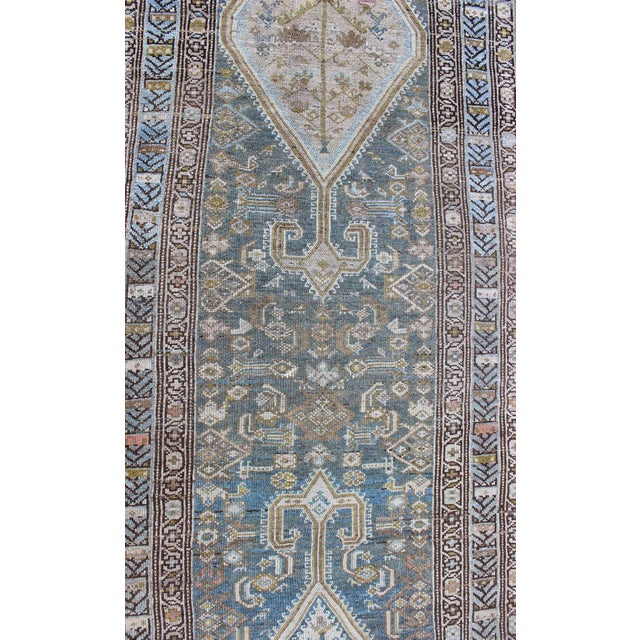 Tribal Antique Persian Malayer Runner With Faded Blue Field and Geometric Medallions 2'11 X 17'6 For Sale - Image 3 of 9