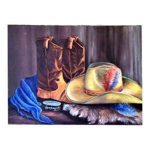 Vintage Western Cowboy Hat & Boots Still Life Oil Painting by Sandra McGinnis