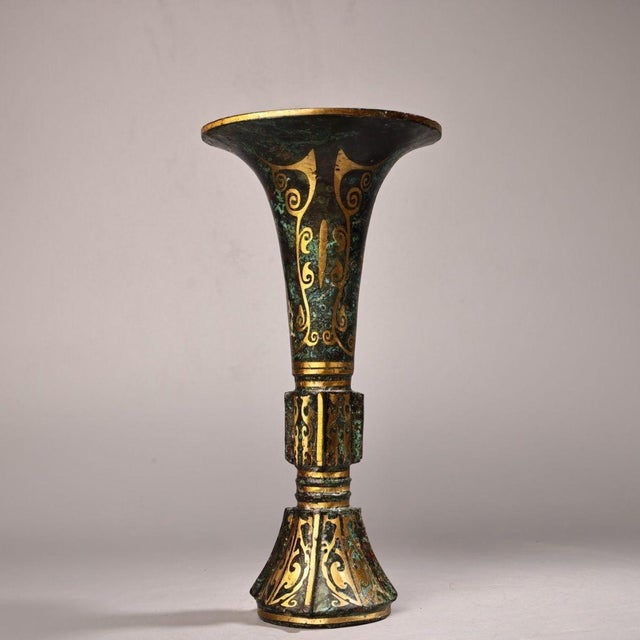 Chinoiserie Bronze Gu Vase With Gold Inlay & Inscribed Markings, Archaic Scroll Motif, Tall Flared Ritual Style Bronze Vessel For Sale - Image 3 of 9