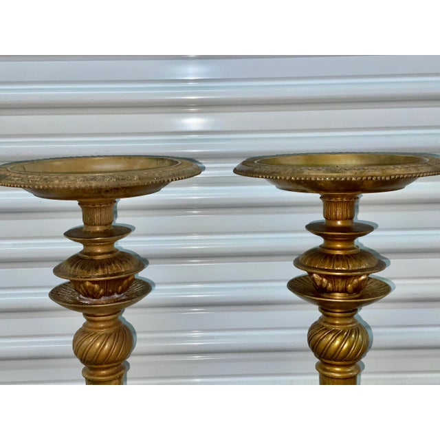 Metal Art Deco French Provincial Brass Tripod Torchieres Candle Holders - A Pair For Sale - Image 7 of 10