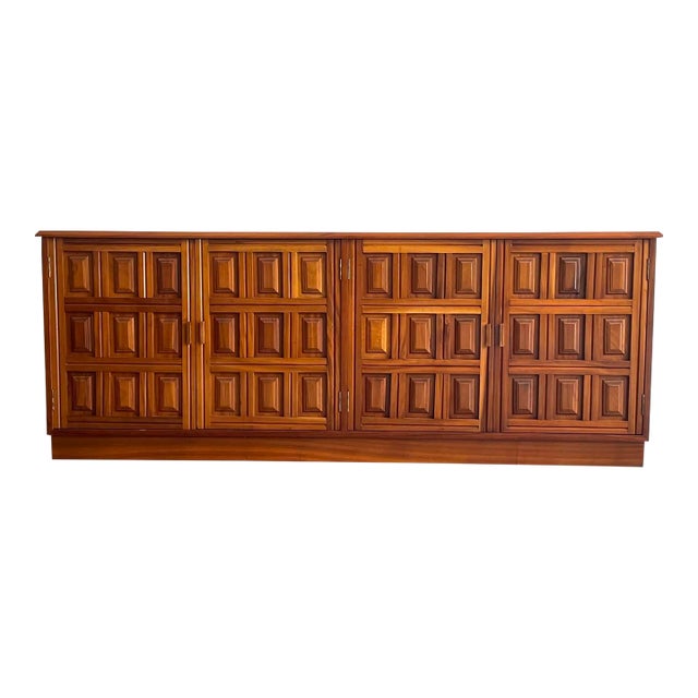 Spanish Geometric Hardwood Credenza, 1970s For Sale