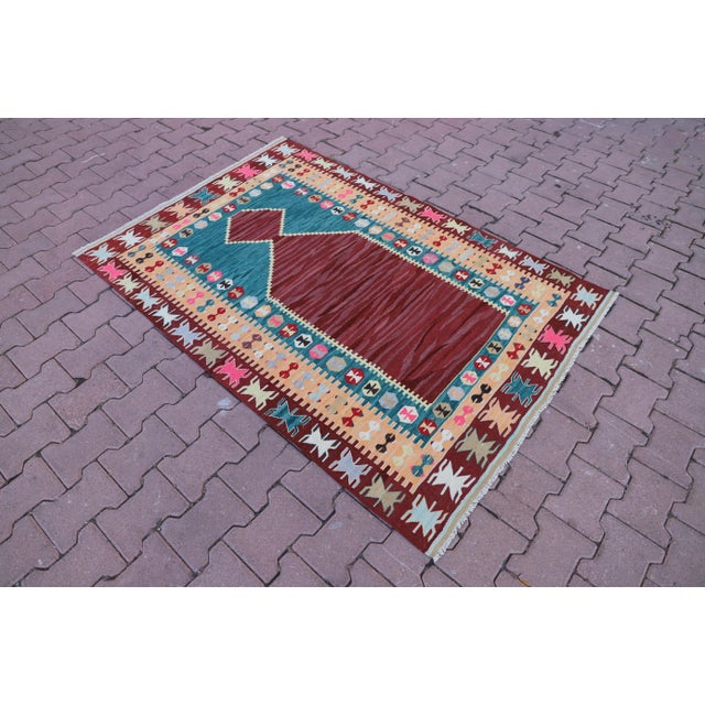 Traditional 1970s Turkish Anatolian Hand Knotted Natural Wool Burgundy Kilim Rug For Sale - Image 3 of 13