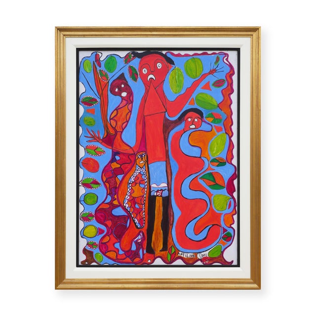 Late 20th Century Richard Antilhomme Red & Blue Abstract Figurative Painting with Four Figures and Botanical Elements, Late 20th Century For Sale - Image 5 of 12