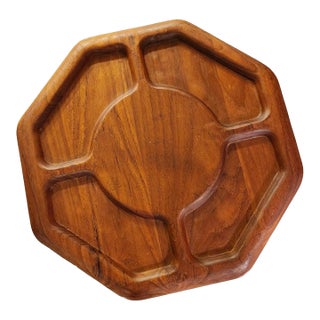 Midcentury Modern Sculptural Solid Teak Platter Lazy Susan For Sale