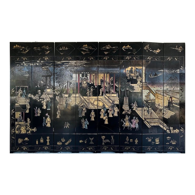 Mid 20th Century Monumental Chinese Lacquered 8-Panel Coromandel Screen Depicting Court Scenes For Sale