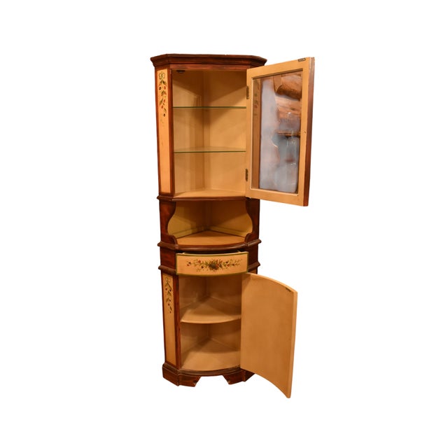 Tremendously charming glass and wood hutch, resembling 18th century hand painted Venetian folk art designs. With a lower...