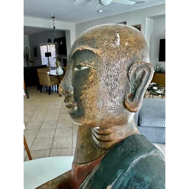 Antique Burmese Buddhist Monk Polychrome Wood Carving Statue For Sale - Image 15 of 18