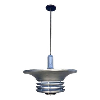 1930s Art Deco Machine Age Spun Aluminum 23" 3 Ring Pendant Light, 5 Available For Sale
